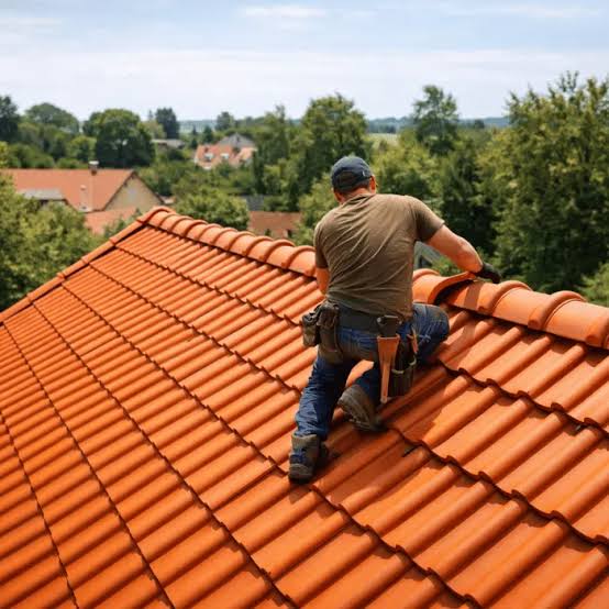 Couvreur posant des tuiles sur un toit en pente